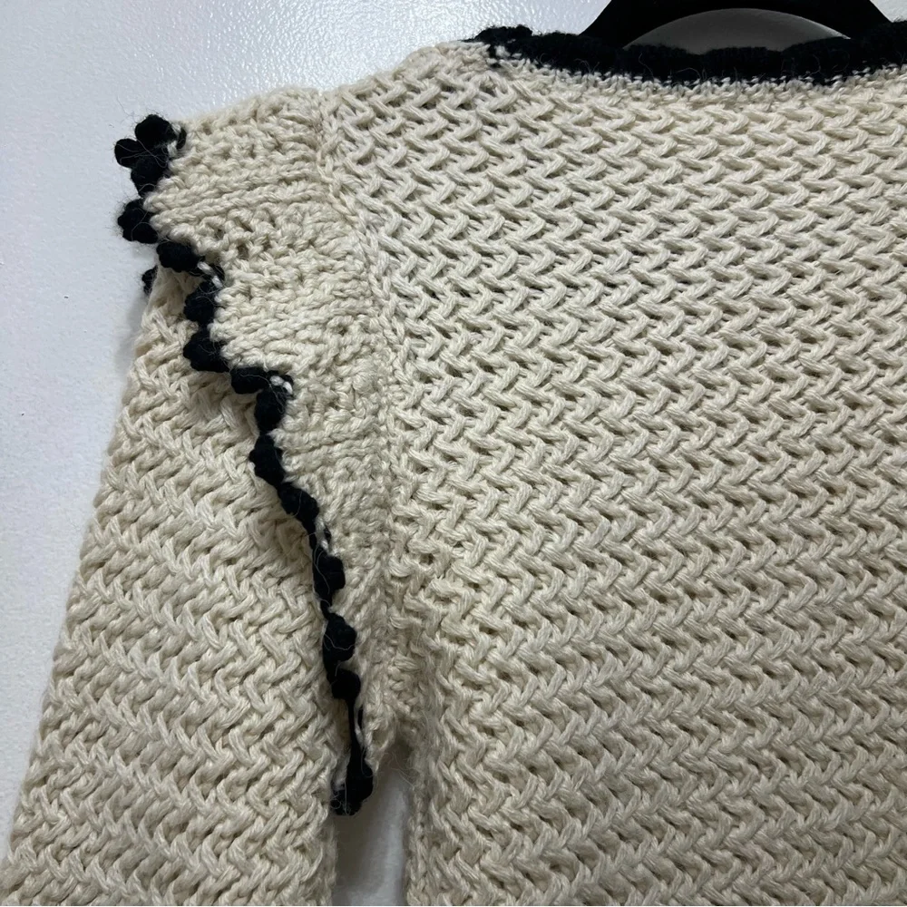 Mango Ruffle Flare Sleeve Sweater Open Knit Cream Black XS Crewneck Pullover - Picture 11 of 11